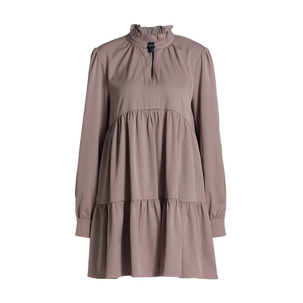 En Saison Tiered Babydoll Dress Peasant Band Collar Long Sleeve Mushroom M - Picture 3 of 16